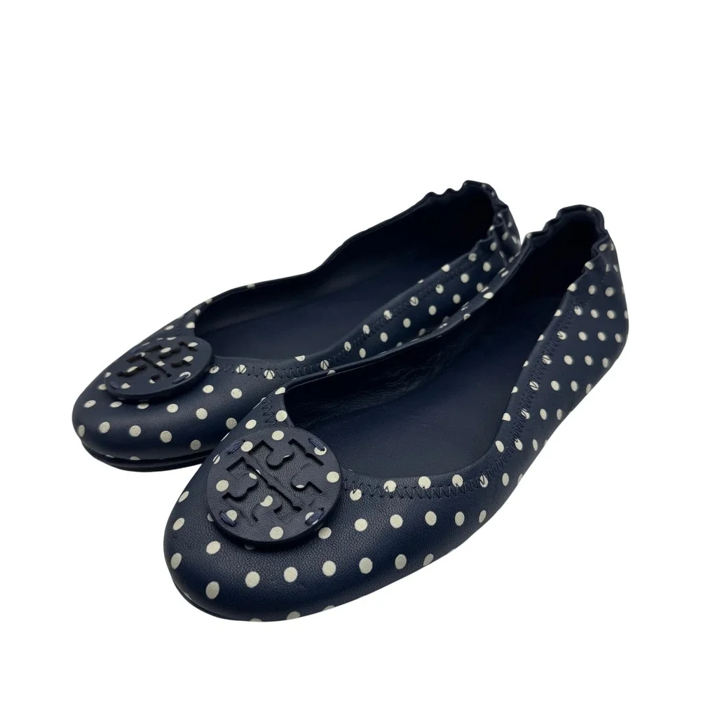 Tory Burch Minnie Travel Ballet Flats Navy Blue Polka Dot Leather Logo 8M 64985